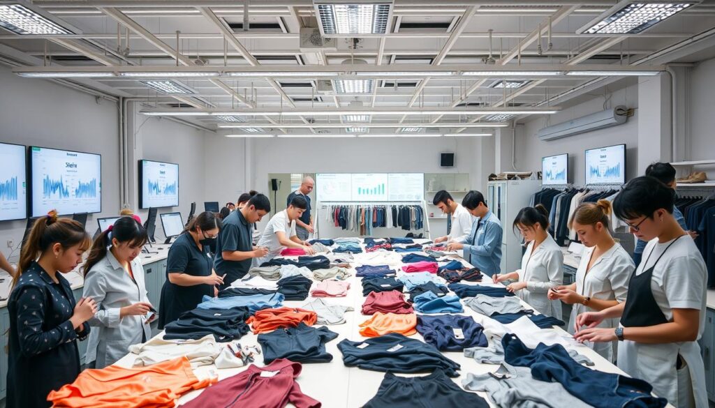 A bustling Shein product testing lab, illuminated by bright, overhead lighting. In the foreground, a group of diligent testers meticulously inspecting various garments, assessing fabric quality, fit, and construction details. Centered in the middle ground, a large table showcases an array of Shein products, each being carefully scrutinized. In the background, computer screens display detailed product analytics, while researchers diligently take notes. The atmosphere is one of focused, analytical evaluation, as the Shein team works to ensure the quality and functionality of their offerings.