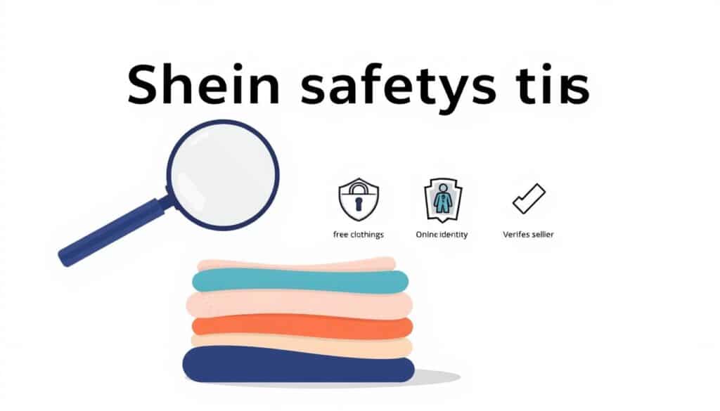 A clean, minimalist illustration of "Shein safety tips" against a soft, pastel-colored background. In the foreground, a stack of neatly folded clothes symbolizing the "free clothing" offer, with a magnifying glass hovering over them, examining for signs of authenticity. In the middle ground, a series of simple icons representing key safety tips, such as a secured padlock for online payments, a shield for identity protection, and a check mark for verifying seller legitimacy. The background features a faint grid pattern, evoking a sense of structure and organization. The overall mood is one of caution and vigilance, guiding the viewer to navigate Shein's offers safely and responsibly.