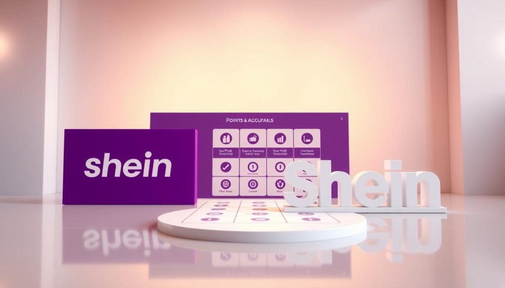A detailed illustration of Shein's points and rewards system, showcased against a sleek, modern backdrop. In the foreground, a stylized display of Shein's signature purple and white branding, with a central focus on a 3D representation of the points accrual system. The middle ground features a grid-like arrangement of various reward tiers, each represented by distinct icons and iconography. The background is a softly lit, minimalist environment, conveying a sense of simplicity and sophistication. Warm lighting emanates from the sides, casting a gentle glow on the overall composition. The image should evoke a sense of understanding and engagement with Shein's loyalty program, making it an informative and visually appealing addition to the article.