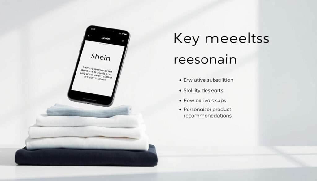 A modern and minimalist product display featuring the key benefits of Shein's newsletter subscription. The foreground showcases a stack of neatly folded Shein clothing items, styled against a clean white background. The middle ground features a floating tablet or smartphone displaying the Shein app, with a simple list of newsletter subscription perks like exclusive discounts, early access to new arrivals, and personalized product recommendations. The background is subtly gradient, with a soft blue or grey hue to convey a sense of digital elegance. The overall composition is well-balanced, with natural lighting from the left side casting gentle shadows and highlights to create depth and dimension. The tone is professional yet appealing, focusing on the practical advantages of joining Shein's email list. A modern and minimalist product display featuring the key benefits of Shein's newsletter subscription. The foreground showcases a stack of neatly folded Shein clothing items, styled against a clean white background. The middle ground features a floating tablet or smartphone displaying the Shein app, with a simple list of newsletter subscription perks like exclusive discounts, early access to new arrivals, and personalized product recommendations. The background is subtly gradient, with a soft blue or grey hue to convey a sense of digital elegance. The overall composition is well-balanced, with natural lighting from the left side casting gentle shadows and highlights to create depth and dimension. The tone is professional yet appealing, focusing on the practical advantages of joining Shein's email list.