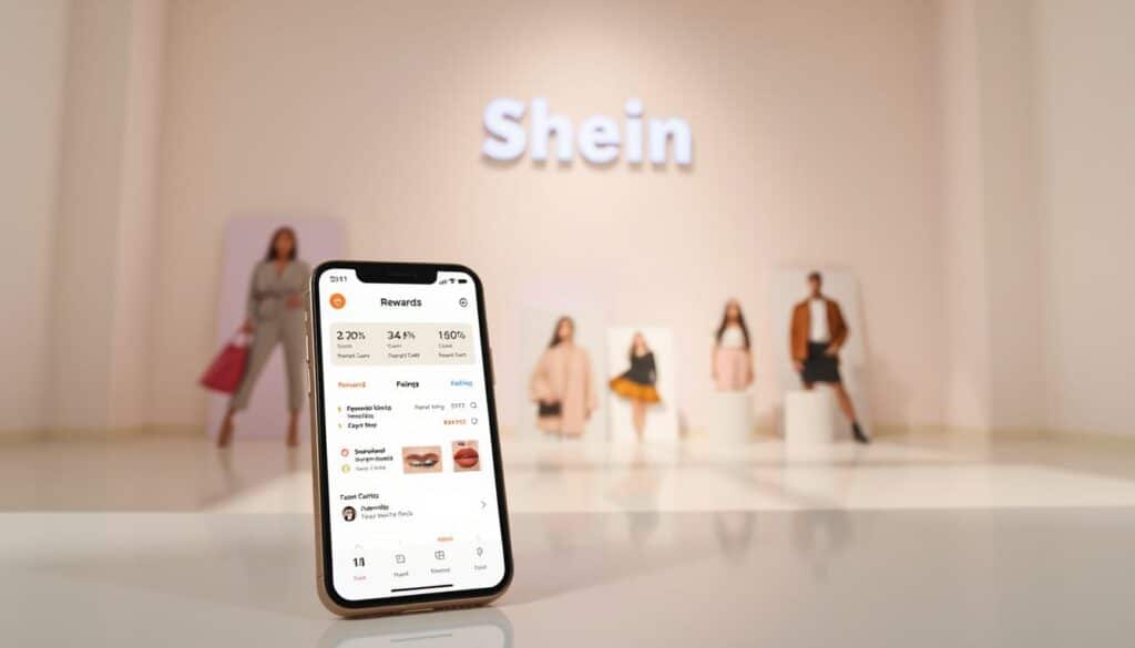 A modern, clean-looking rewards interface showcasing Shein's loyalty program. In the foreground, a sleek mobile device displays the Shein app's rewards dashboard, highlighting point balances, redeemable offers, and progress towards the next reward tier. The mid-ground features stylish Shein product shots, reflecting the varied fashion items customers can purchase with their accumulated points. The background depicts a minimalist, pastel-toned environment, conveying a sense of sophistication and brand identity. Bright, even lighting illuminates the scene, captured at a slight angle to create depth and visual interest. The overall mood is one of streamlined functionality and brand engagement, enticing users to explore Shein's rewarding shopping experience.