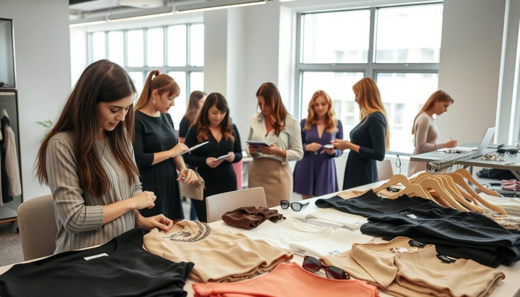 A modern, well-lit office setting with a group of people meticulously examining various Shein clothing items. In the foreground, a young woman closely inspects a blouse, feeling the fabric and scrutinizing the seams. On the desk in front of her, an array of Shein products is neatly arranged, including tops, dresses, and accessories. In the middle ground, several other team members are engaged in similar product testing activities, jotting down notes and exchanging opinions. The background features sleek, minimalist office decor with large windows letting in natural light, creating a bright, professional atmosphere. An air of focused attention and diligent evaluation permeates the scene, conveying the importance of Shein's product testing process. A modern, well-lit office setting with a group of people meticulously examining various Shein clothing items. In the foreground, a young woman closely inspects a blouse, feeling the fabric and scrutinizing the seams. On the desk in front of her, an array of Shein products is neatly arranged, including tops, dresses, and accessories. In the middle ground, several other team members are engaged in similar product testing activities, jotting down notes and exchanging opinions. The background features sleek, minimalist office decor with large windows letting in natural light, creating a bright, professional atmosphere. An air of focused attention and diligent evaluation permeates the scene, conveying the importance of Shein's product testing process.