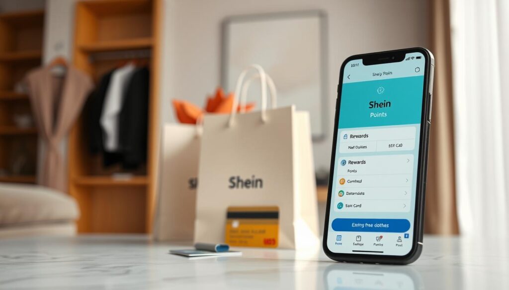 A photo of the Shein points system, captured with a professional camera in natural lighting. In the foreground, a smartphone screen displays the Shein app interface, showcasing the points balance and redemption options. In the middle ground, a stack of Shein shopping bags and a credit card represent the rewards and purchases enabled by the points system. The background features a stylish, minimalist interior design with neutral tones, highlighting the seamless integration of the points system into the Shein shopping experience. The overall mood is one of simplicity, convenience, and the satisfaction of earning free clothes through the Shein loyalty program.