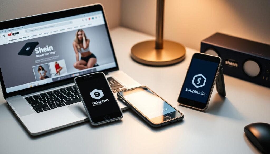 A sleek, modern desktop scene with a laptop, smartphone, and various payment apps displayed on their screens. The laptop shows the Shein website, while the phone screens display popular cashback and rewards apps like Rakuten, Honey, and Swagbucks. Soft, diffused lighting creates a warm, inviting atmosphere, and the composition is balanced and visually appealing. The overall scene conveys the ease and convenience of earning cashback and rewards when shopping on Shein through the use of these helpful apps.