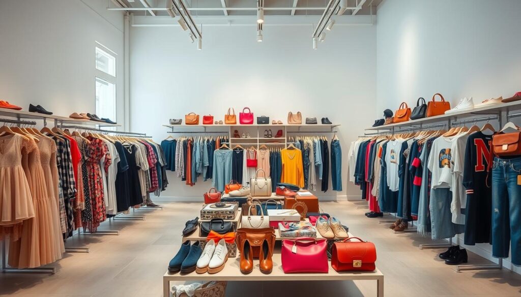 A sprawling display of Shein's fashion offerings, captured in a bright, airy studio setting. In the foreground, an array of stylish apparel - from flowing dresses and tailored blouses to distressed denim and bold graphic tees - arranged artfully on sleek display racks. The middle ground showcases a diverse range of accessories, from chic handbags and statement jewelry to trendy footwear, all presented against a minimalist backdrop. The background features a soft, diffused lighting, accentuating the vibrant colors and textures of the products, creating an inviting and aspirational atmosphere that captures the essence of Shein's expansive, on-trend selection.