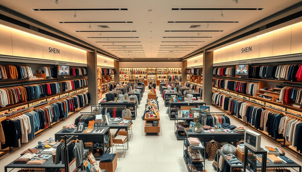 A sprawling marketplace of fashion finds, Shein's vast product categories unfold across a sleek, modern showroom. In the foreground, a meticulously curated display of clothing, accessories, and home goods invites exploration, each item a testament to Shein's commitment to affordable style. The middle ground reveals a labyrinth of category sections, from trendy apparel to practical home essentials, all illuminated by warm, diffused lighting that lends an inviting ambiance. In the background, a minimalist backdrop of clean lines and subtle textures creates a sense of order and sophistication, framing the abundance of choices before the viewer. This image captures the essence of Shein's diverse product offering, inviting the viewer to embark on a journey of fashion discovery.