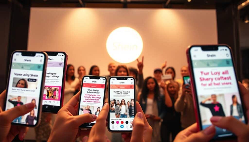 A stylish social media feed showcasing Shein's vibrant clothing contests. In the foreground, a collage of smartphone screens displays engaging contest announcements, hashtag challenges, and model giveaways. The middle ground features a diverse group of fashionable Shein fans excitedly interacting with the brand's content, sharing their contest entries. In the background, a sleek, minimalist Shein logo backdrop sets the scene, radiating a sense of modern elegance and digital savvy. Warm, soft lighting casts a welcoming glow, while a dynamic camera angle captures the energy and excitement of the Shein social media experience.