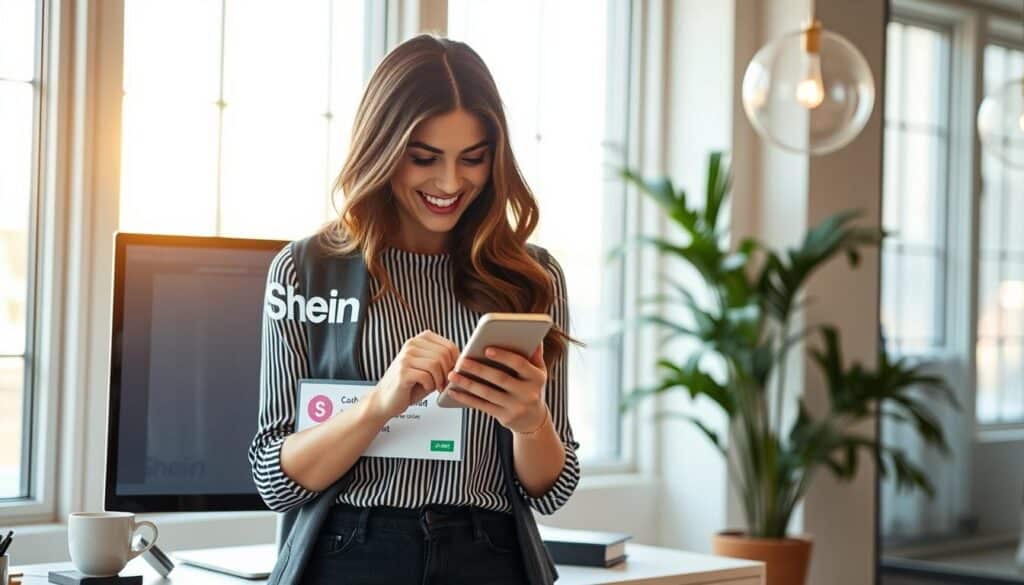 A stylish young woman standing in a well-lit, modern office setting, examining her smartphone with a delighted expression. Behind her, a computer screen displays the Shein logo and a prominent "Cashback" notification, highlighting the financial rewards of shopping on the platform. The scene exudes a sense of convenience, satisfaction, and the savvy application of technology to maximize savings. Elegant lighting from large windows casts a warm glow, creating a visually appealing and inspiring atmosphere.