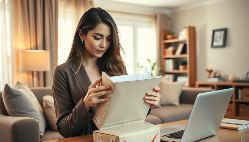 A stylish young woman thoughtfully examines a package, wary of potential scams as she explores free Shein clothing offers. The scene is set in a warm, well-lit living room, with soft natural light filtering through curtains. In the foreground, the woman's expression conveys a mix of excitement and caution, her hands carefully inspecting the contents. The middle ground features a neatly organized desk with a laptop and mobile phone, hinting at online research and verification. The background showcases a cozy, inviting space with shelves of books and personal mementos, creating a sense of a safe, trustworthy environment. A stylish young woman thoughtfully examines a package, wary of potential scams as she explores free Shein clothing offers. The scene is set in a warm, well-lit living room, with soft natural light filtering through curtains. In the foreground, the woman's expression conveys a mix of excitement and caution, her hands carefully inspecting the contents. The middle ground features a neatly organized desk with a laptop and mobile phone, hinting at online research and verification. The background showcases a cozy, inviting space with shelves of books and personal mementos, creating a sense of a safe, trustworthy environment.
