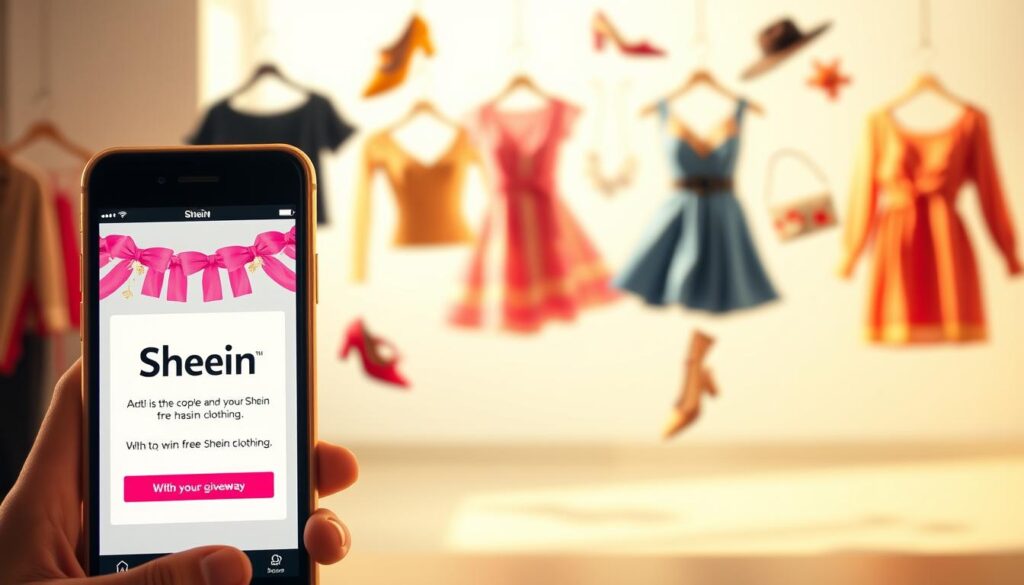 A vibrant and engaging scene of a Shein social media contest. In the foreground, a smartphone displaying the Shein app interface with a giveaway announcement, bathed in warm, soft lighting. In the middle ground, various fashion items such as trendy tops, dresses, and accessories float and dance, showcasing Shein's diverse product range. The background is blurred but suggests a modern, minimalist setting, emphasizing the digital nature of the contest. The overall mood is one of excitement, anticipation, and the thrill of potentially winning free Shein clothing. The composition is balanced, drawing the viewer's attention to the central elements of the contest experience. A vibrant and engaging scene of a Shein social media contest. In the foreground, a smartphone displaying the Shein app interface with a giveaway announcement, bathed in warm, soft lighting. In the middle ground, various fashion items such as trendy tops, dresses, and accessories float and dance, showcasing Shein's diverse product range. The background is blurred but suggests a modern, minimalist setting, emphasizing the digital nature of the contest. The overall mood is one of excitement, anticipation, and the thrill of potentially winning free Shein clothing. The composition is balanced, drawing the viewer's attention to the central elements of the contest experience.