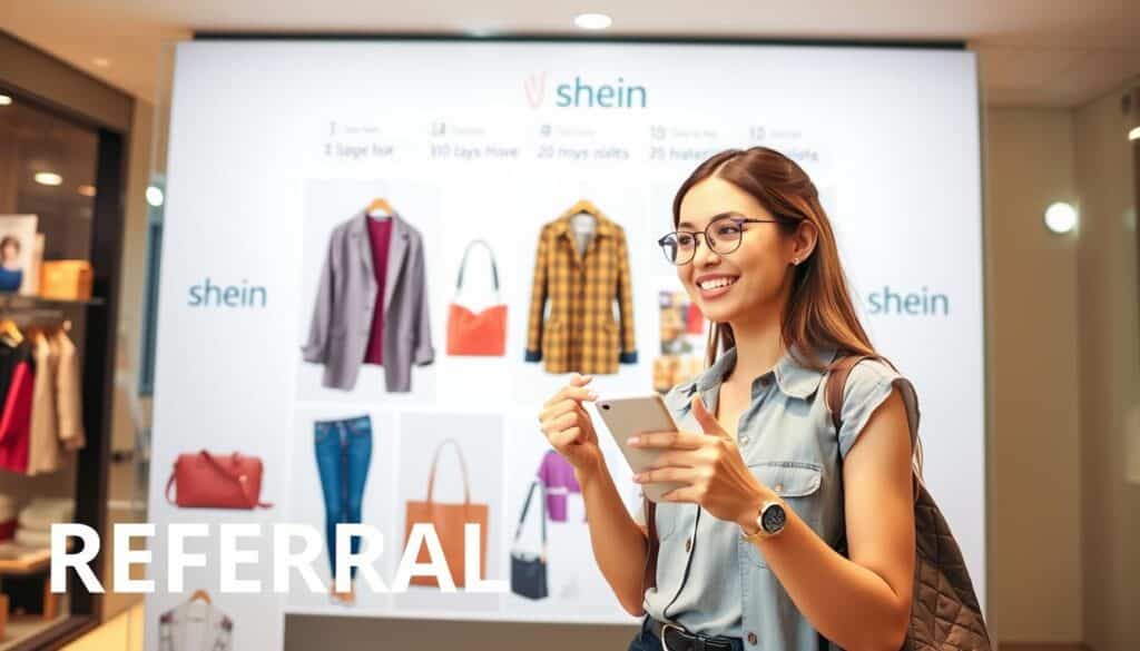 A vibrant, eye-catching image of Shein's referral program. In the foreground, a stylish young woman holding a smartphone, gesturing excitedly as she explains the program to a friend. In the middle ground, a collage of Shein clothing items and accessories, showcasing the range of free products available. The background features a clean, minimalist design with Shein's signature branding elements, conveying a sense of modern, fashionable appeal. The lighting is bright and warm, creating a welcoming atmosphere. The overall composition is balanced and dynamic, drawing the viewer's attention to the key elements of the referral program.