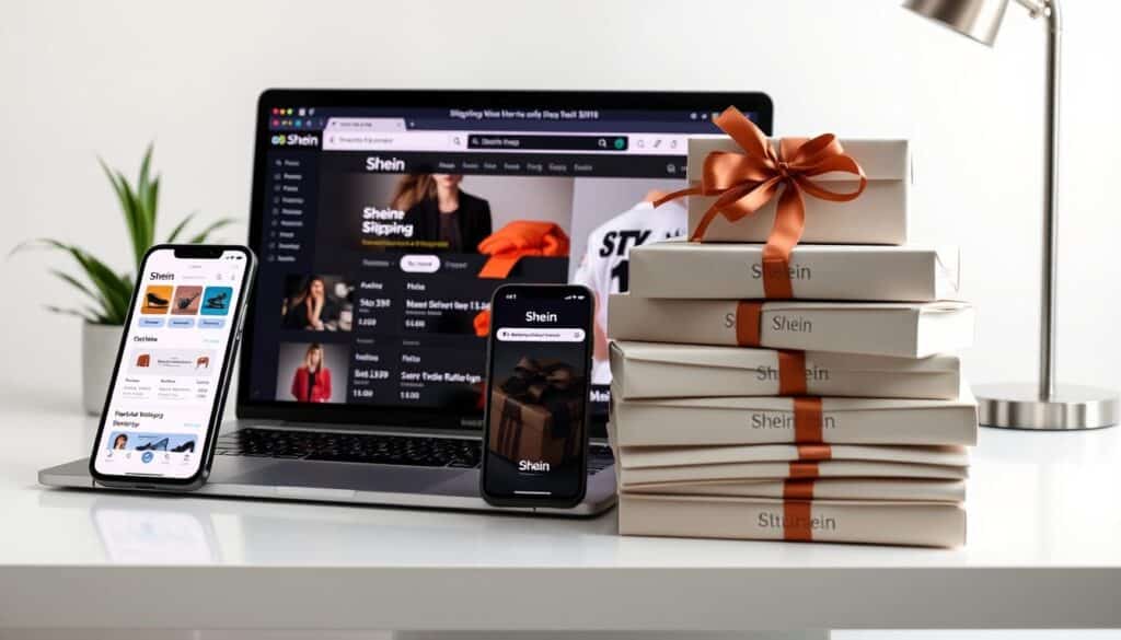 A visually captivating desktop scene showcasing the various Shein shipping options. In the foreground, a laptop displays the Shein website, highlighting the shipping information and delivery timelines. Alongside it, a smartphone displays the Shein mobile app, revealing the user-friendly interface for tracking orders. In the middle ground, a stack of neatly packaged Shein items, each adorned with the brand's signature packaging, conveys the efficient and reliable delivery experience. The background features a clean, minimalist office setting, with a potted plant and a sleek desk lamp, creating a sense of professionalism and attention to detail. The overall tone is one of efficiency, convenience, and the seamless integration of online and offline shopping experiences.