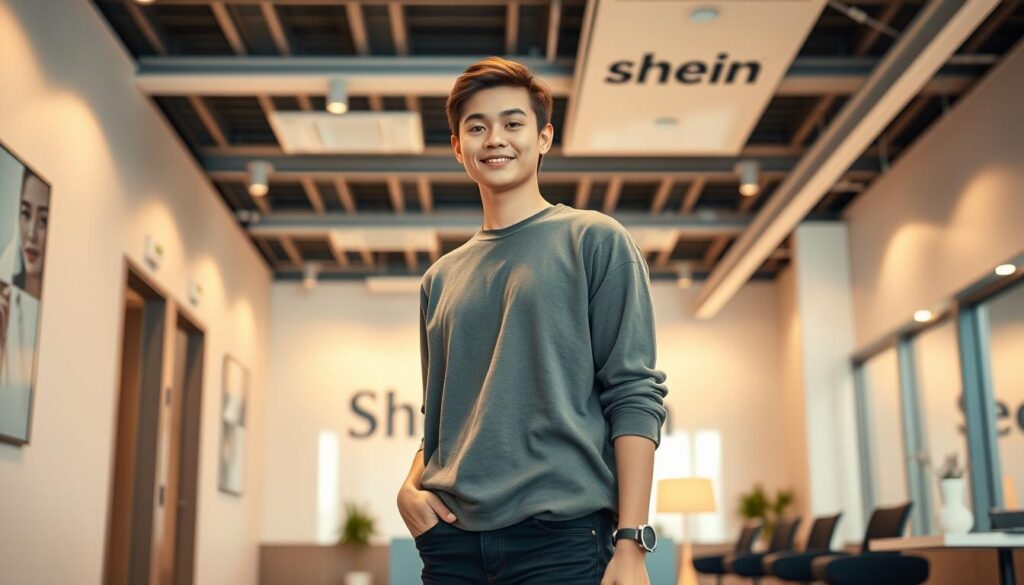 A young, confident individual standing in a modern, well-lit office environment, dressed in stylish Shein apparel. The subject's pose and expression convey a sense of professionalism and enthusiasm, reflecting their role as a Shein Campus Ambassador. The background features a clean, minimalist design with subtle branding elements, creating a visually appealing and cohesive atmosphere. Warm, directional lighting illuminates the scene, accentuating the subject's features and the high-quality Shein clothing. The image captures the essence of a Shein Campus Ambassador, showcasing their important role in promoting the brand to a collegiate audience.