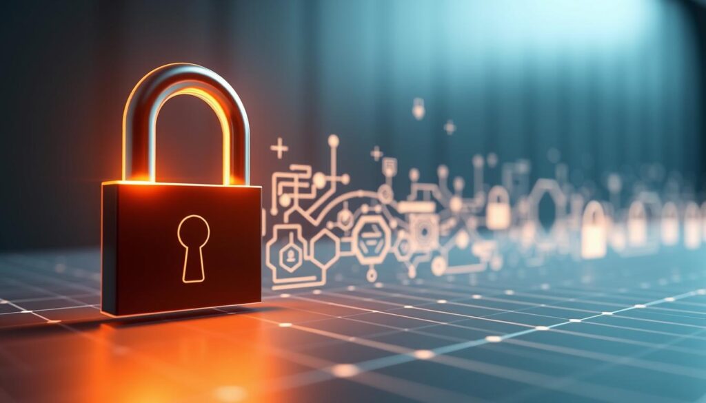 A sleek, modern payment security interface showcasing the latest encryption protocols and compliance standards. The foreground features a stylized digital lock icon, glowing with a warm, neon-like light, symbolizing the robust security measures in place. The middle ground displays an array of abstract geometric patterns, representing the intricate algorithms and data protocols that safeguard transactions. In the background, a subtle grid pattern suggests the secure, interconnected nature of the Shein payment system, with a muted color palette of blues and grays conveying a sense of trust and reliability. Soft, directional lighting casts gentle shadows, enhancing the depth and dimensionality of the scene, creating an overall impression of a cutting-edge, trustworthy payment experience.