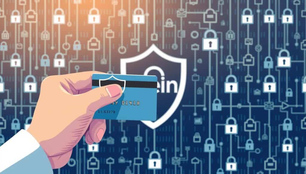 A well-lit digital illustration depicting the prevention of credit card information theft in the context of online fashion retail. In the foreground, a hand cautiously holds a credit card, with a shield icon overlaying it to symbolize protection. The middle ground showcases a stylized Shein logo, hinting at the e-commerce setting. In the background, a matrix of secure data icons, padlocks, and encrypted networks convey the technical safeguards against card theft and data breaches. The overall mood is one of vigilance and cybersecurity, with a clean, modern aesthetic befitting the fashion industry.