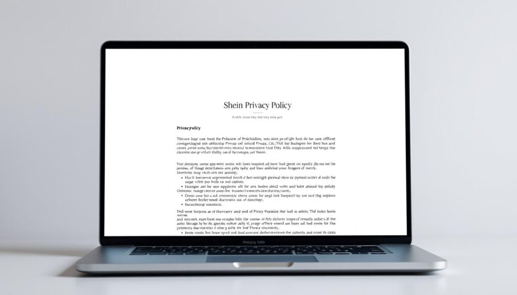 An official-looking document titled "Shein Privacy Policy" displayed on a sleek, modern laptop screen. The document's pages are crisply rendered, with elegant typography and subtle background textures that convey professionalism and trustworthiness. The laptop is positioned against a plain, minimalist background, allowing the document to be the focal point. Soft, directional lighting highlights the document's details, creating a sense of clarity and transparency. The overall mood is one of careful consideration and attention to detail, reflecting the importance of the privacy policy.