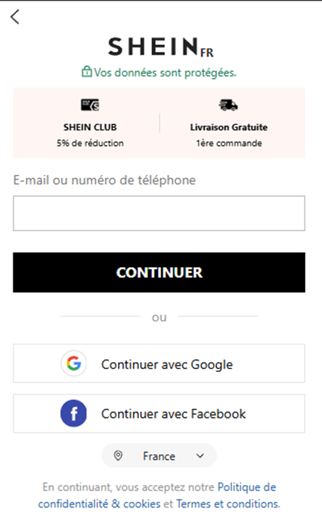 Page de connexion Shein affichant les options pour entrer un e-mail ou se connecter via les boutons Google et Facebook.