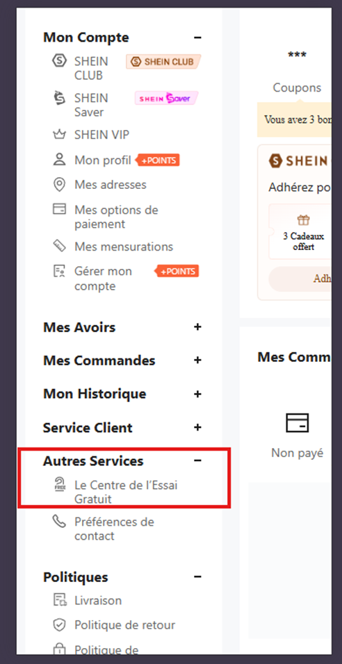 Menu latéral de l'utilisateur Shein mettant en évidence la section « Autres Services » et le lien vers le Centre d'Essai Gratuit.